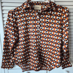 Women's Elie Tahari Button Down Shirt XS Brown Orange Geometric high low blouse